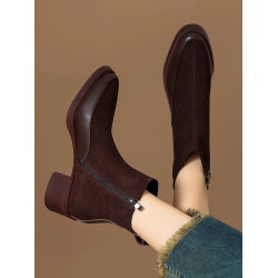 磨砂真牛皮厚底粗跟短靴女秋冬新款繙毛皮高跟切爾西靴側拉鍊裸靴