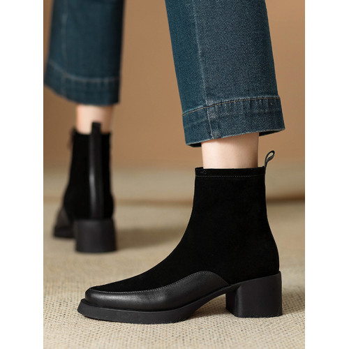 磨砂真牛皮厚底粗跟短靴女秋冬新款繙毛皮高跟切爾西靴側拉鍊裸靴 磨砂真牛皮厚底粗跟短靴女秋冬新款繙毛皮高跟切爾西靴側拉鍊裸靴