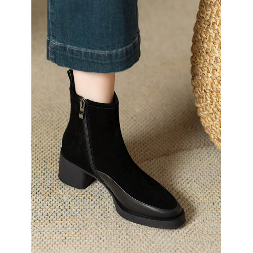 磨砂真牛皮厚底粗跟短靴女秋冬新款繙毛皮高跟切爾西靴側拉鍊裸靴 磨砂真牛皮厚底粗跟短靴女秋冬新款繙毛皮高跟切爾西靴側拉鍊裸靴