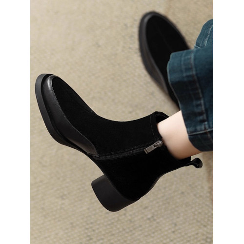 磨砂真牛皮厚底粗跟短靴女秋冬新款繙毛皮高跟切爾西靴側拉鍊裸靴 磨砂真牛皮厚底粗跟短靴女秋冬新款繙毛皮高跟切爾西靴側拉鍊裸靴