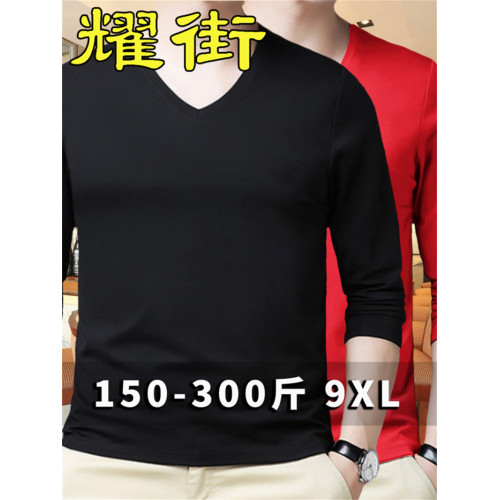 V領長袖T恤男士春秋大碼潮牌胖子男青少年體內搭衣服V領T打底衫