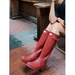 ~娜紥同款戶外防滑紅色高筒雨靴女度假風百搭粗跟水鞋長靴