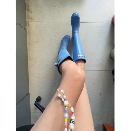 ~娜紥同款戶外防滑紅色高筒雨靴女度假風百搭粗跟水鞋長靴