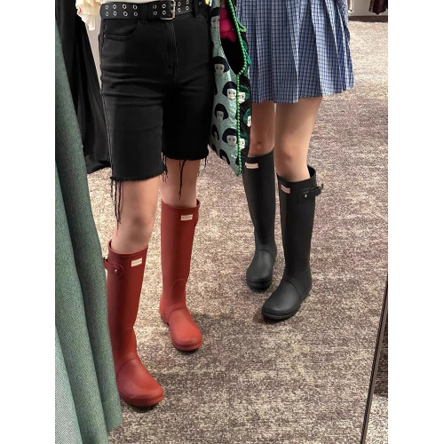 ~娜紥同款戶外防滑紅色高筒雨靴女度假風百搭粗跟水鞋長靴