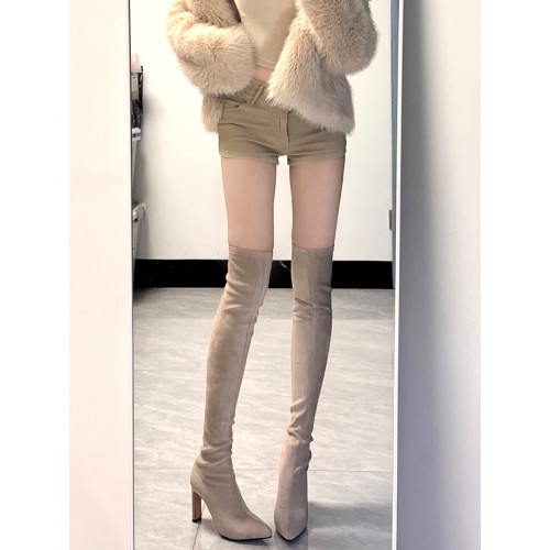 西魚許秋冬性感尖頭高跟過膝長靴女粗跟彈力瘦瘦靴細跟顯瘦長筒靴