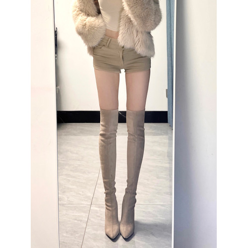 西魚許秋冬性感尖頭高跟過膝長靴女粗跟彈力瘦瘦靴細跟顯瘦長筒靴