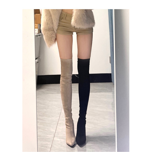 西魚許秋冬性感尖頭高跟過膝長靴女粗跟彈力瘦瘦靴細跟顯瘦長筒靴