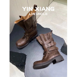 牛皮版~真皮厚底粗跟擦色馬丁靴女2025新款中筒皮帶釦機車靴單靴