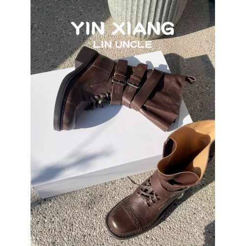 牛皮版~真皮厚底粗跟擦色馬丁靴女2025新款中筒皮帶釦機車靴單靴 牛皮版~真皮厚底粗跟擦色馬丁靴女2025新款中筒皮帶釦機車靴單靴