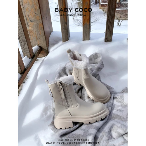 真皮厚底馬丁靴女秋冬加絨羊羔毛保暖毛毛靴大黃靴雪地靴白色短靴