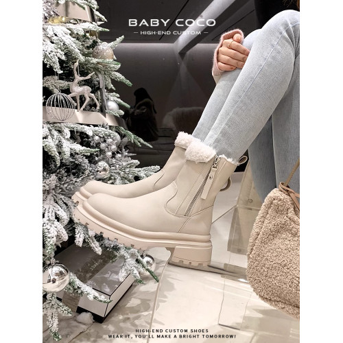 真皮厚底馬丁靴女秋冬加絨羊羔毛保暖毛毛靴大黃靴雪地靴白色短靴