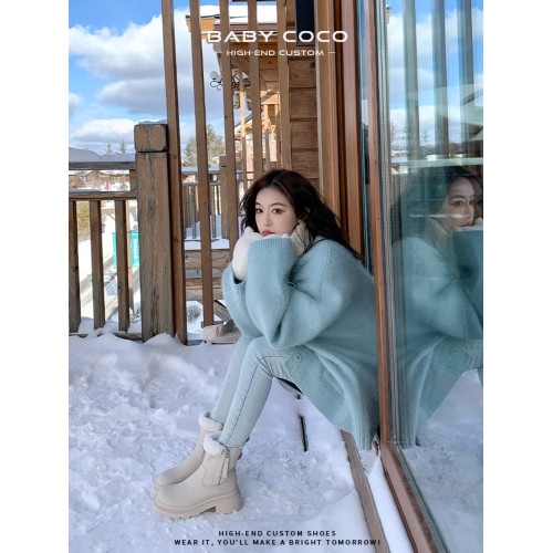 真皮厚底馬丁靴女秋冬加絨羊羔毛保暖毛毛靴大黃靴雪地靴白色短靴