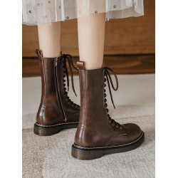 真皮馬丁靴女平跟中筒靴西部牛仔靴棕色長靴不過膝騎士靴系帶圓頭