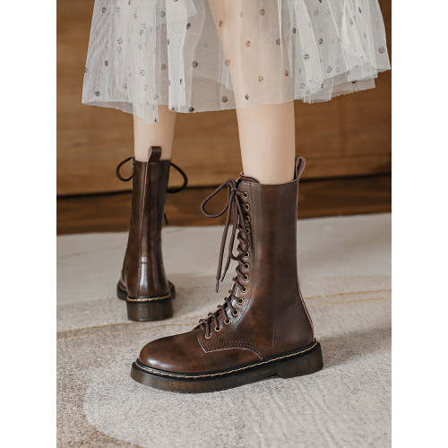 真皮馬丁靴女平跟中筒靴西部牛仔靴棕色長靴不過膝騎士靴系帶圓頭 真皮馬丁靴女平跟中筒靴西部牛仔靴棕色長靴不過膝騎士靴系帶圓頭