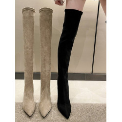 歐美風尖頭粗跟過膝長靴女2025秋冬絨面彈力瘦瘦靴辣妹性感高跟靴