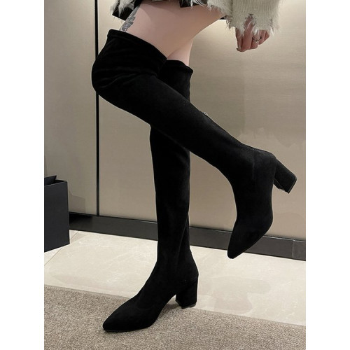 歐美風尖頭粗跟過膝長靴女2025秋冬絨面彈力瘦瘦靴辣妹性感高跟靴 歐美風尖頭粗跟過膝長靴女2025秋冬絨面彈力瘦瘦靴辣妹性感高跟靴