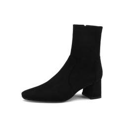 氣質顯瘦彈力瘦瘦靴女羊反絨秋冬季新款英倫方頭粗跟中跟及踝短靴