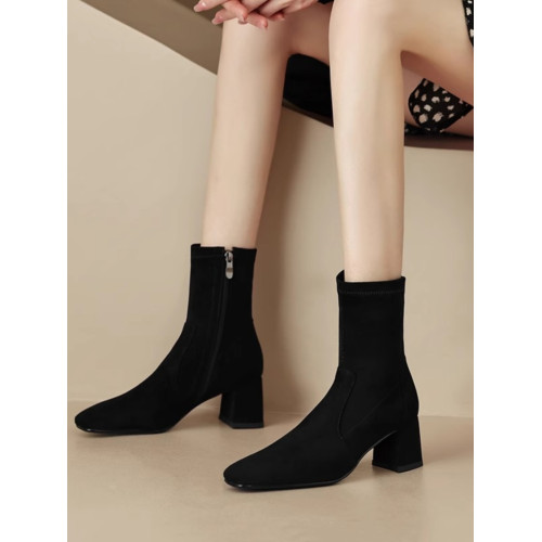 氣質顯瘦彈力瘦瘦靴女羊反絨秋冬季新款英倫方頭粗跟中跟及踝短靴 氣質顯瘦彈力瘦瘦靴女羊反絨秋冬季新款英倫方頭粗跟中跟及踝短靴