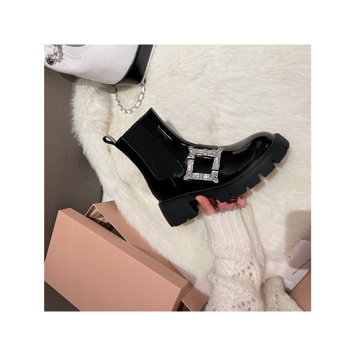 牛皮版~水鑽方釦厚底馬丁靴女真皮英倫風內增高切爾西靴r*v機車靴 牛皮版~水鑽方釦厚底馬丁靴女真皮英倫風內增高切爾西靴r*v機車靴