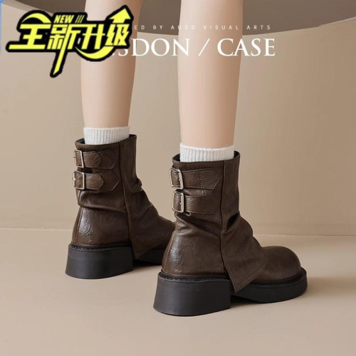 品牌特價真皮堆堆靴女2025秋冬新款小衆美拉德時尚短靴女粗跟厚底