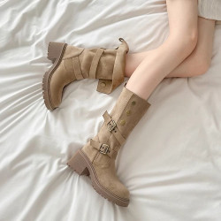 六點大淑真皮內增高復古美拉德馬丁靴女秋新款不過膝兩穿西部短靴