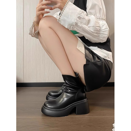 時尚小個子時裝靴女2025春秋季新款粗跟馬丁靴高跟氣質瘦瘦小短靴