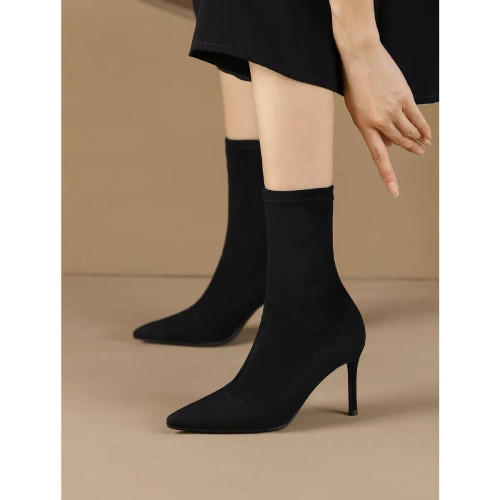 2025秋冬高跟彈力法式黑色尖頭細跟瘦瘦靴絨面細跟靴子氣質短靴女