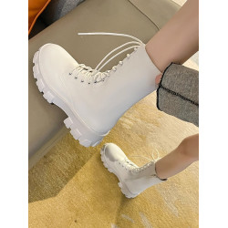 馬丁靴女2024秋季單靴薄款厚底增高系帶短靴百搭復古中筒機車靴子