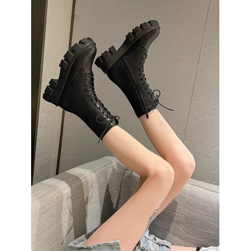 馬丁靴女2024秋季單靴薄款厚底增高系帶短靴百搭復古中筒機車靴子