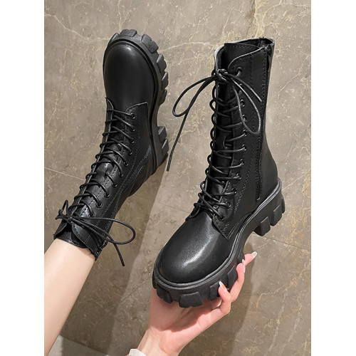 馬丁靴女2024秋季單靴薄款厚底增高系帶短靴百搭復古中筒機車靴子