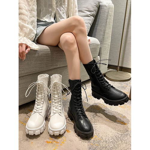 馬丁靴女2024秋季單靴薄款厚底增高系帶短靴百搭復古中筒機車靴子