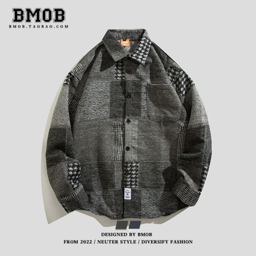 BMOB秋冬季日系復古拼接格子襯衫男潮牌寬鬆休閒百搭長袖襯衣外套