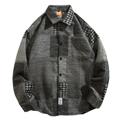 BMOB秋冬季日系復古拼接格子襯衫男潮牌寬鬆休閒百搭長袖襯衣外套