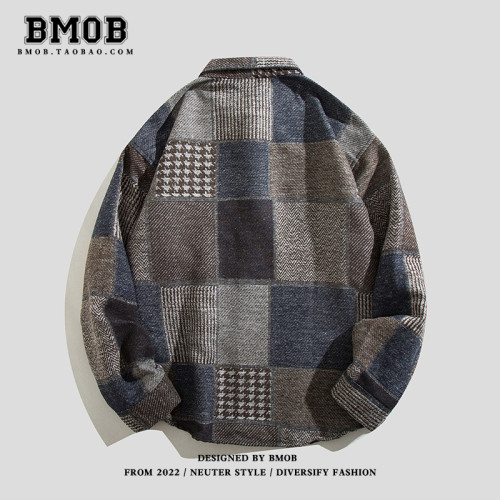 BMOB秋冬季日系復古拼接格子襯衫男潮牌寬鬆休閒百搭長袖襯衣外套