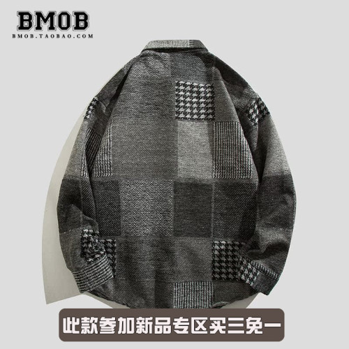 BMOB秋冬季日系復古拼接格子襯衫男潮牌寬鬆休閒百搭長袖襯衣外套