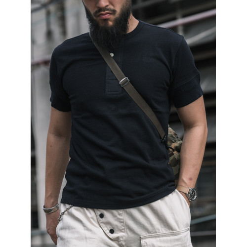 惡犬BRONSON美式復古亨利領短袖t恤男雙紗長絨純棉阿美哢嘰打底衫