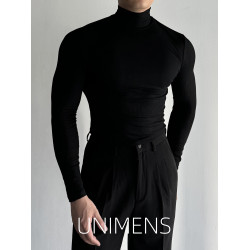 螺紋高領長袖t恤男士高彈力健身肌肉修身高級潮流純色休閒打底衫