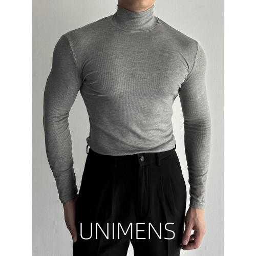 螺紋高領長袖t恤男士高彈力健身肌肉修身高級潮流純色休閒打底衫