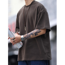 BGYO 305G重磅棕黑色短袖T恤男女寬鬆落肩袖圓領純色大碼打底衫夏