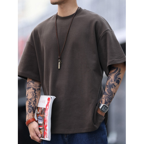 BGYO 305G重磅棕黑色短袖T恤男女寬鬆落肩袖圓領純色大碼打底衫夏