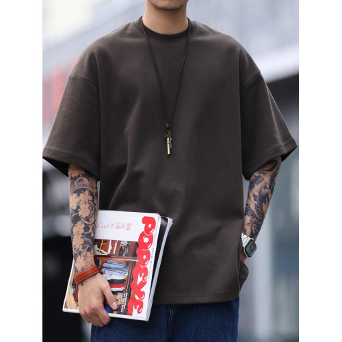 BGYO 305G重磅棕黑色短袖T恤男女寬鬆落肩袖圓領純色大碼打底衫夏