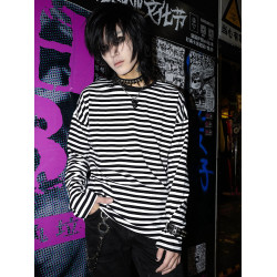 別閙BIZZCUT/條紋異想/秋搖滾寬鬆落肩黑紅條打底長袖T恤男女中性