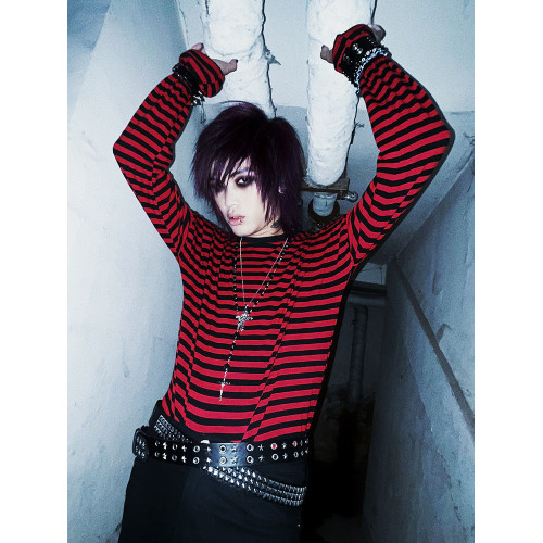 別閙BIZZCUT/條紋異想/秋搖滾寬鬆落肩黑紅條打底長袖T恤男女中性