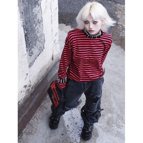 別閙BIZZCUT/條紋異想/秋搖滾寬鬆落肩黑紅條打底長袖T恤男女中性