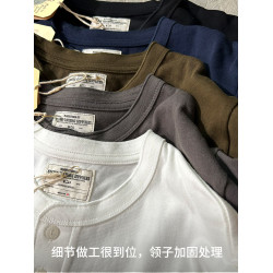 復古重磅新疆純棉亨利領長袖T恤美式圓領小領口寬鬆純色白T打底衫