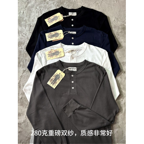 復古重磅新疆純棉亨利領長袖T恤美式圓領小領口寬鬆純色白T打底衫