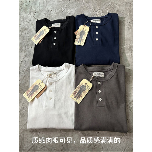 復古重磅新疆純棉亨利領長袖T恤美式圓領小領口寬鬆純色白T打底衫