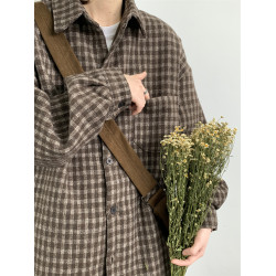 格子襯衫男長袖春秋新款美式復古加厚磨毛青少年寬鬆休閒襯衣外套