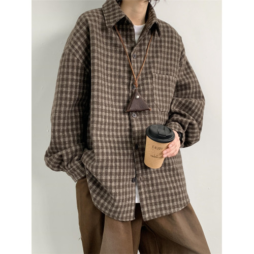 格子襯衫男長袖春秋新款美式復古加厚磨毛青少年寬鬆休閒襯衣外套 格子襯衫男長袖春秋新款美式復古加厚磨毛青少年寬鬆休閒襯衣外套