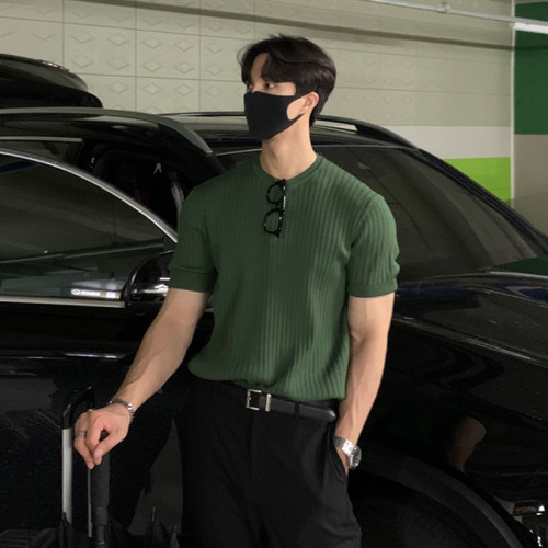 夏季短袖T恤男冰絲針織衫彈力韓版修身圓領休閒薄款純色半袖上衣